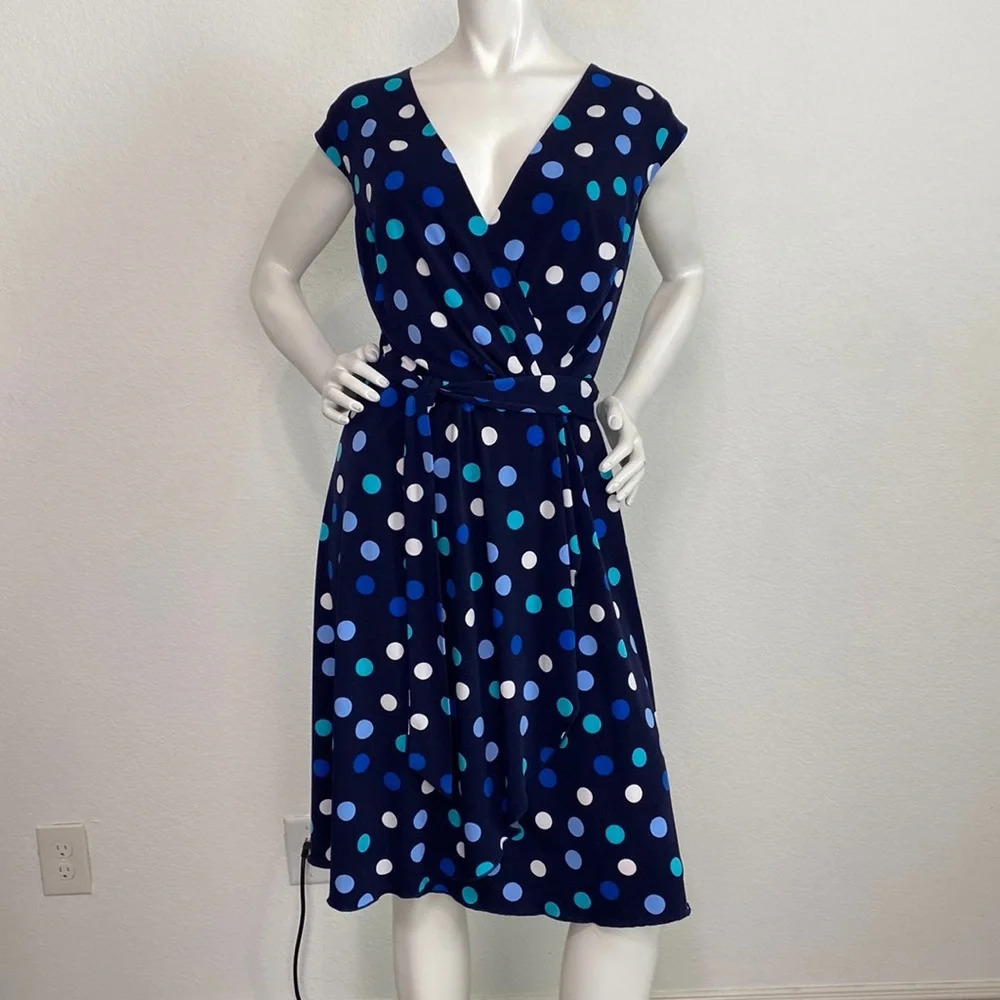 Brannan Woman Navy Blue V-Neck Belted Cap Sleeves Polka Dot Dress Plus Size 16